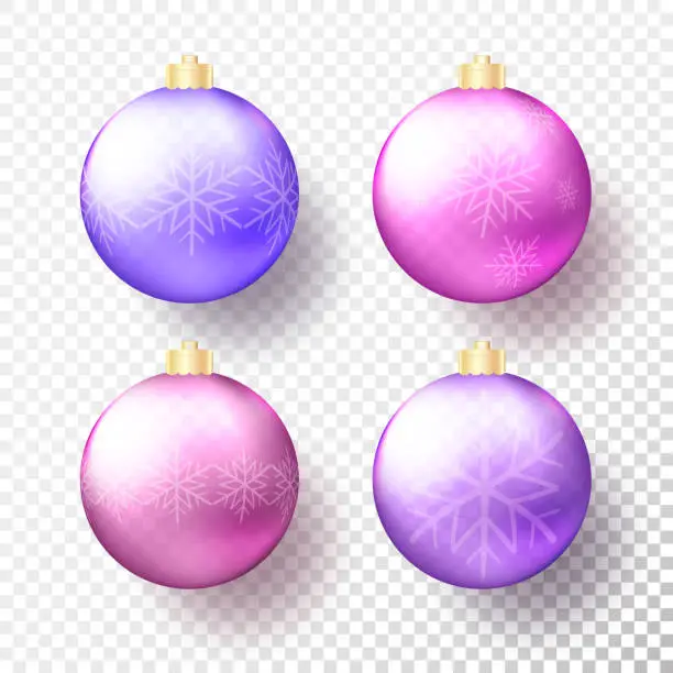 Vector illustration of Set of Four realistic colored Christmas or New Year transparent Baubles, spheres or balls in bright purple colors with golden caps, snowflakes and shadow. Vector illustration eps10