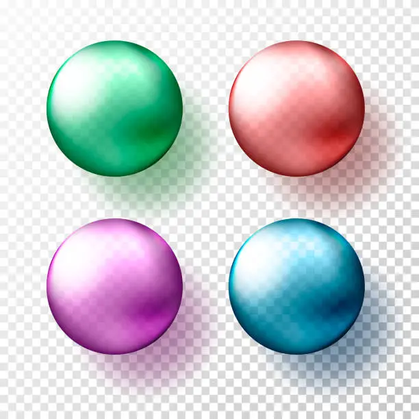 Vector illustration of Four realistic transparent spheres or balls in different shades of metallic gteen, red, pink and blue color. Vector illustration eps10