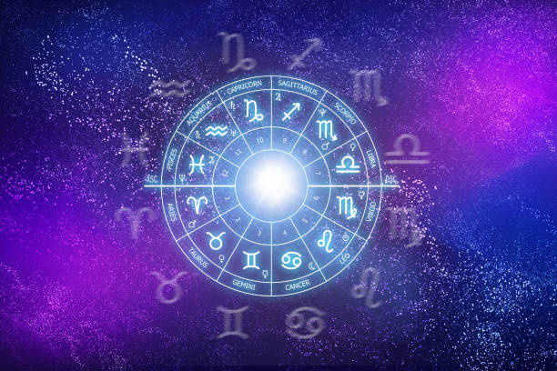 ilustrações de stock, clip art, desenhos animados e ícones de zodiac circle on the background of the cosmos. astrology. the science of stars and planets. esoteric knowledge. ruler planets. twelve signs of the zodiac - clairvoyance
