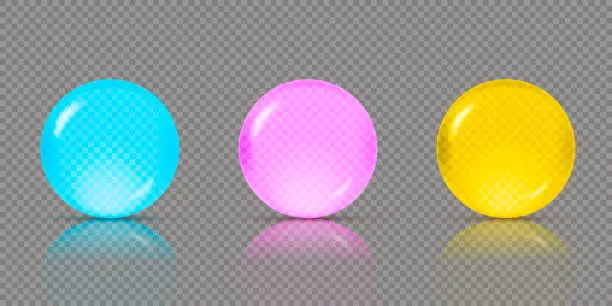 Vector illustration of Three realistic transparent spheres or balls in different shades of blue, pink and yellow green colors with reflections. Vector illustration eps10