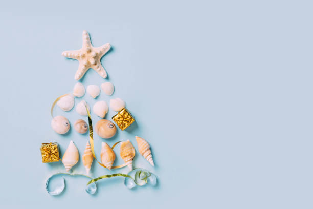 istock Christmas tree from sea shells, starfish alternative decoration blue background, new year by sea 1411207607