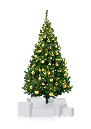 decorated Christmas tree and box isolated on white background