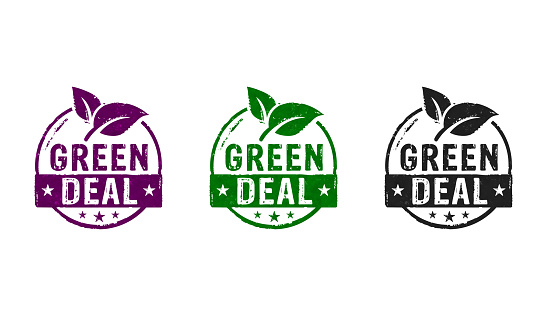Green Deal stamp icons in few color versions. European Fit for 55 and reduce the greenhouse gas emissions concept 3D rendering illustration.