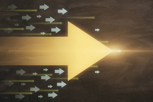 istock Abstract glowing digital arrows on chalkboard wall backdrop. Future, innovation and fast concept. 3D Rendering. 1411208990