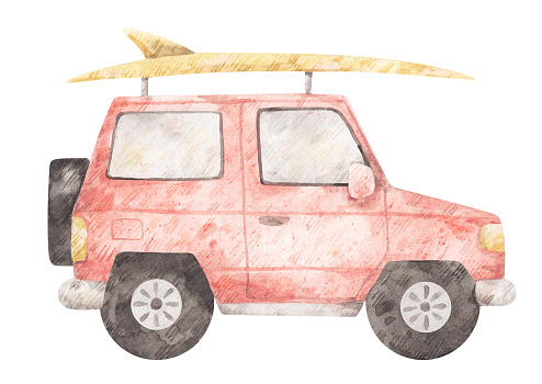 Cute vintage suv. Watercolor illustration of pink car with surfboard on the top. Hand-drawn picture