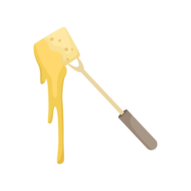 Vector illustration of a fork with a piece of baguette dipped in cheese fondue. Vector illustration of a fork with a piece of baguette dipped in cheese fondue. fondue stock illustrations