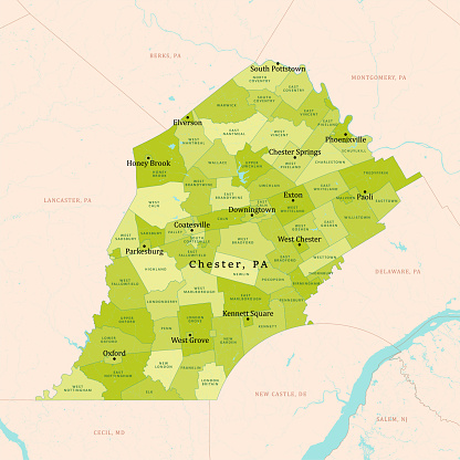 PA Chester County Vector Map Green. All source data is in the public domain. U.S. Census Bureau Census Tiger. Used Layers: areawater, linearwater, cousub, pointlm.