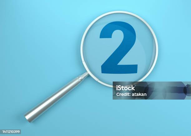 Silver Magnifying Glass And Number 2 Stock Photo - Download Image Now - Number 2, Looking, Abstract