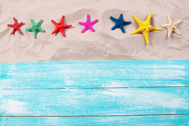 istock Summer background, summer items on the sand top view - copy space 1411210615