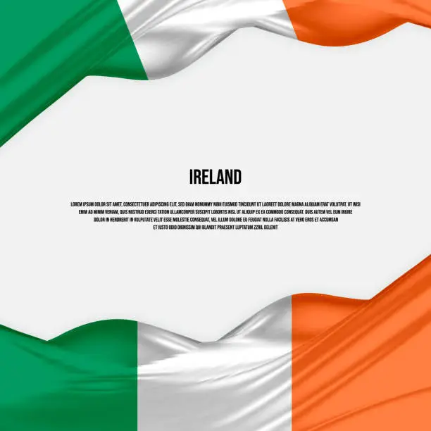 Vector illustration of Ireland flag design. Waving Irish flag made of satin or silk fabric. Vector Illustration.