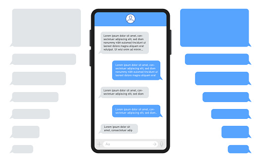 Smartphone with messenger chat on screen. Template of blue and gray message bubbles. Vector illustration.
