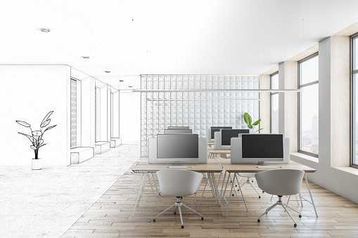 Hand drawn sketch of modern concrete and wooden coworking office interior with window and city view, furniture and equipment. Refurbishment and design concept. 3D Rendering