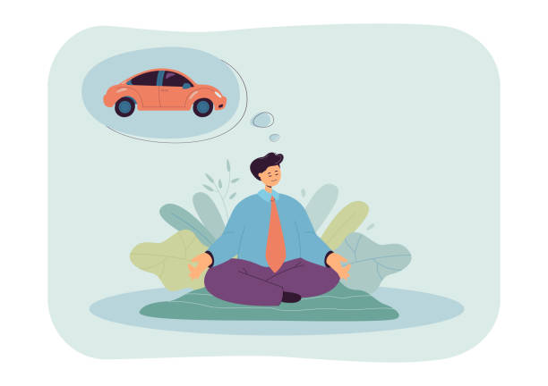 Businessman meditating and thinking of buying car vector art illustration