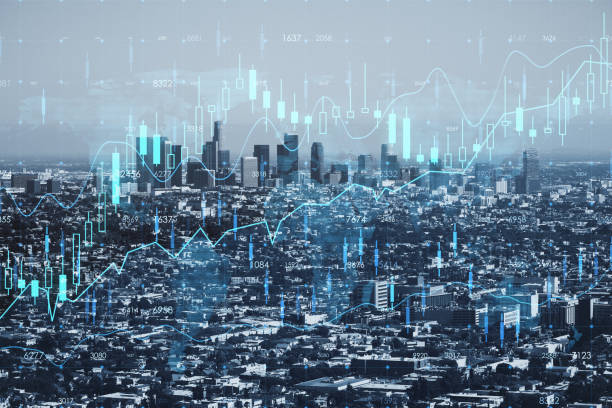 istock Creative glowing forex chart hologram with map on blurry city with buildings backdrop. Stock, market and invest concept. Double exposure. 1411211740