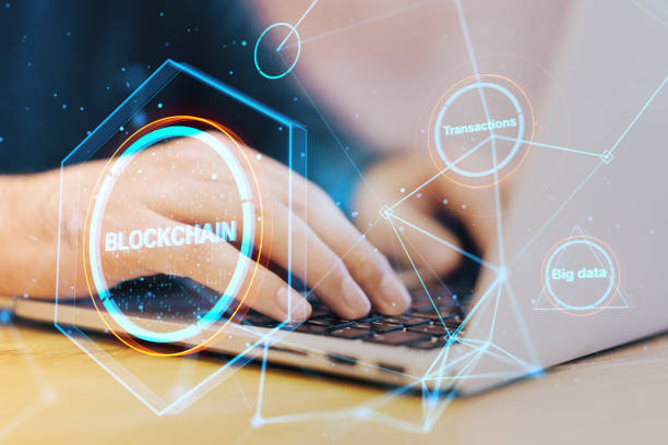 istock Close up of hands using laptop keyboard with creative polygonal blockchain hologram on blurry background. Technology, crypto, financial data and fintech concept. Double exposure. 1411213358