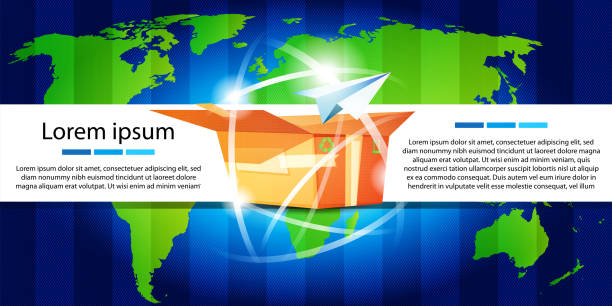 ilustraciones, imágenes clip art, dibujos animados e iconos de stock de el concepto de entrega rápida en todo el mundo y comercio electrónico. caja de cartón con brillo de neón en el fondo del mapa del mundo con espacio para el texto. infografías de pedidos en línea, página web, diseño de aplicaciones. - black background cardboard box computer icon symbol