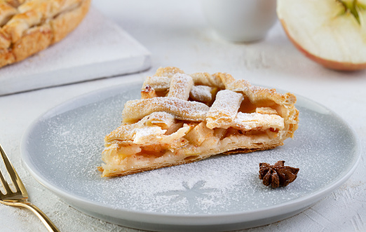A piece of apple pie sprinkled with powdered sugar on a plate, close-up