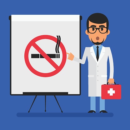 Doctor points to flip chart with picture no smoking sign. Flat people. Vector Illustration