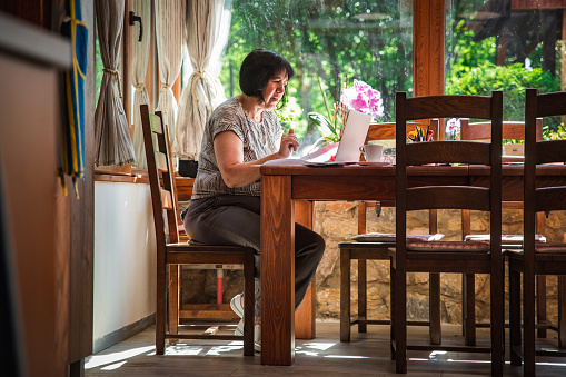 Senior woman paying the bills from the computer.