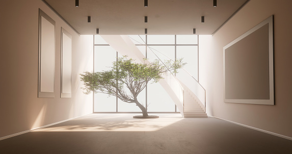 A digitally generated image of a boswellia sacra tree in a modern light room