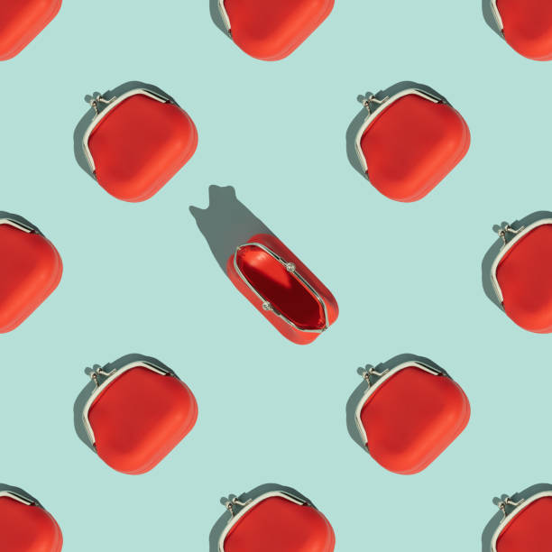 Red Coin Purse on blue background, flat lay