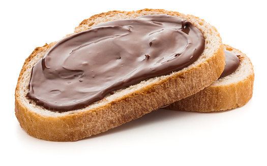 Bread with chocolate cream isolated on white background cutout