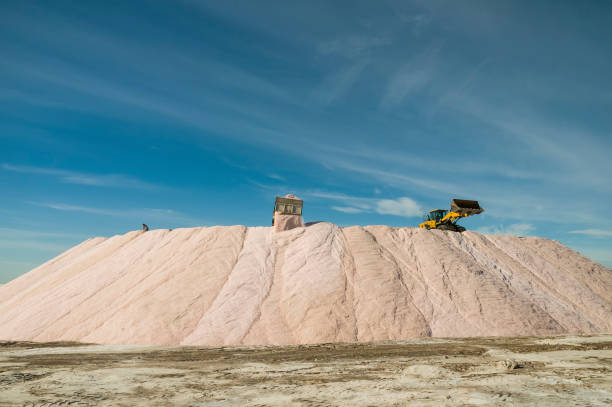 Trucks unloading raw salt bulk, Salinas Grandes de Hidalgo, La Pampa, Argentina.
