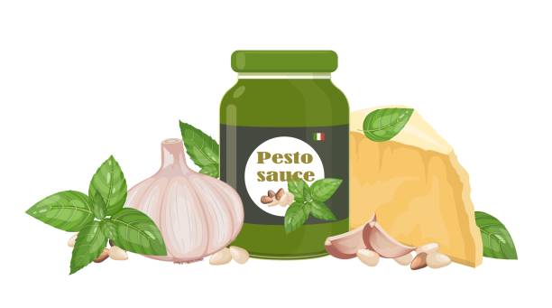 pesto, sos kuchni włoskiej ze składnikami: czosnkiem, orzeszkami piniowymi, parmezanem, zieloną bazylią, ilustracją wektorową izolowaną na białym tle - pine nut stock illustrations