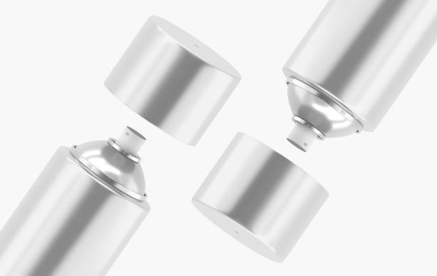 Aerosol spray cans, empty metal bottles with open caps, silver cylinder containers for paint, deodorant or hairspray isolated on white background. Closeup mockup of cosmetic packaging 3d render banner