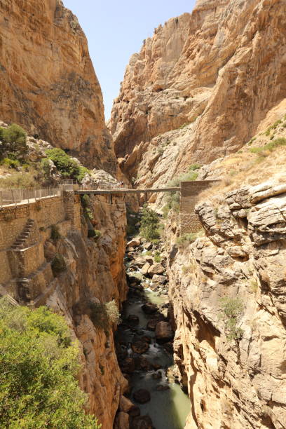 landscape view on the gorge formation of the  camino del rey malaga andalusia spain - ravine geology danger footpath imagens e fotografias de stock