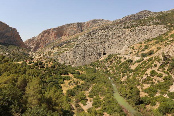 landscape view on the gorge formation of the  camino del rey malaga andalusia spain - ravine geology danger footpath imagens e fotografias de stock