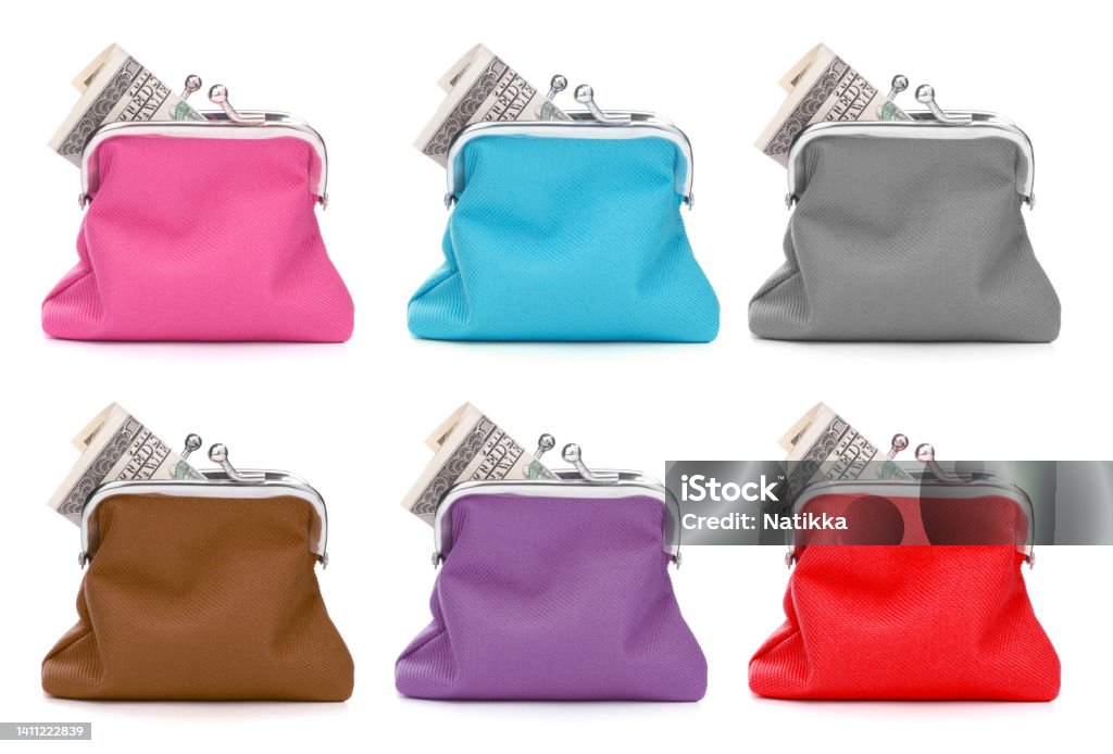 cash wallet collection isolated over white background. Set of different colour Charge purse. Colourful  coin wallet.. Home Finances Stock Photo