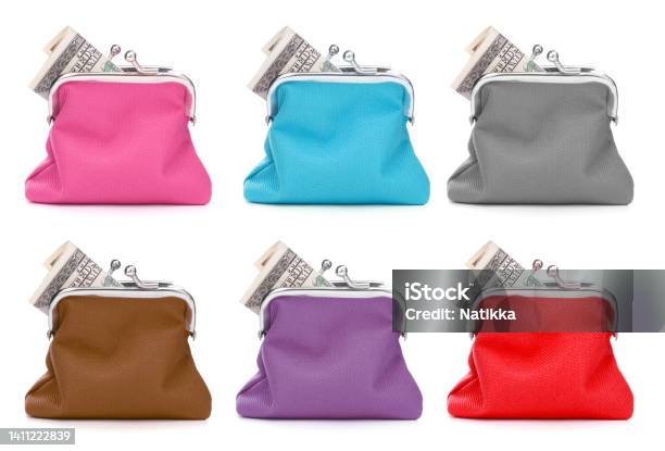 Cash Wallet Collection Isolated Over White Background Set Of Different Colour Charge Purse Colourful Coin Wallet Stock Photo - Download Image Now