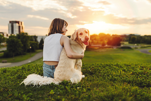 A Portrait of teenage girl petting golden retriever outside in sunset view from back