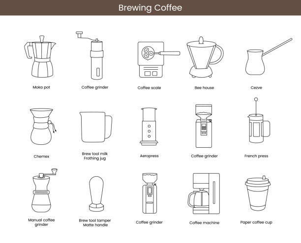 illustrazioni stock, clip art, cartoni animati e icone di tendenza di attrezzature per la preparazione del caffè, icone vettoriali linray. - steep