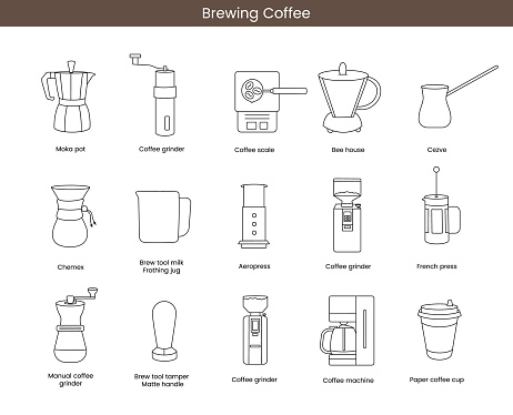 Coffee making equipment, linray vector icons