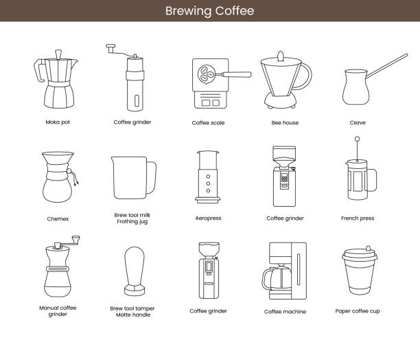 Coffee making equipment, linray vector icons. Coffee making equipment, linray vector icons coffee grinder stock illustrations
