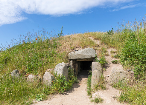 Entrance to the neolithic Hulbjerg Passage Grave on Danish Baltic Sea island of Langeland
