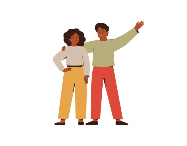 bildbanksillustrationer, clip art samt tecknat material och ikoner med young couple look at each other and are happy. friends met and embrace. man and woman stand together and talk. - vänner