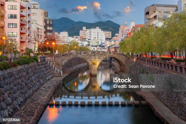 Nagasaki Japan Cityscape And Traditional Bridge Stock Photo - Download Image Now - Nagasaki Prefecture, Nagasaki City, Japan