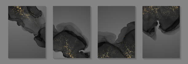 istock Watercolor background with abstract black ink waves and golden splashes. 1411234385