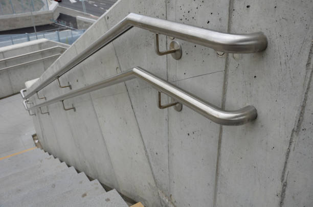 istock a staircase with concrete sides at a public building. the safe staircase has two handrails, one with a reduced height for children under 12 at the entrance to the school 1411236851