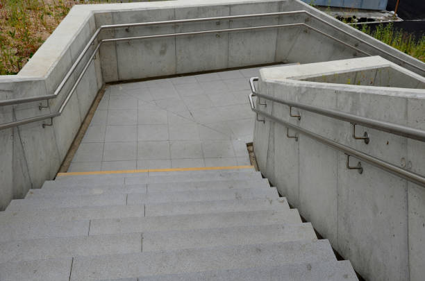 istock a staircase with concrete sides at a public building. the safe staircase has two handrails, one with a reduced height for children under 12 at the entrance to the school 1411236852
