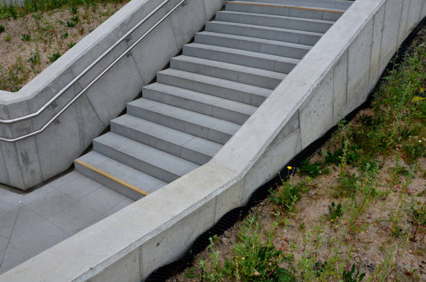 istock a staircase with concrete sides at a public building. the safe staircase has two handrails, one with a reduced height for children under 12 at the entrance to the school 1411236894