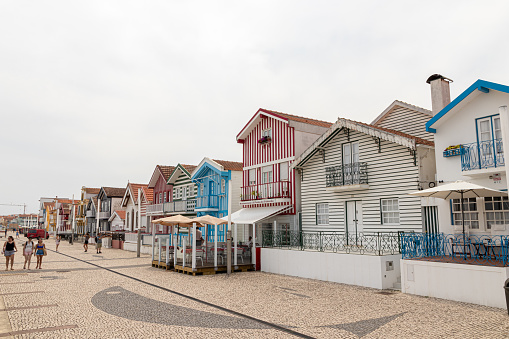 Costa Nova do Prado, Portugal. The famous colored wooden houses known as palheiros