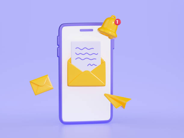 istock Notification newsletter 3d render illustration - mobile phone with yellow envelope and bell on screen. 1411237531