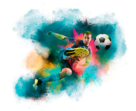 Soccer player in action on paint background. Color dust effect background