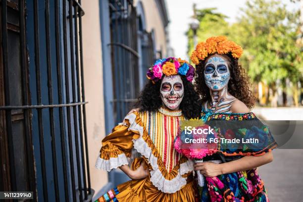 Portrait Of A Female Friends Celebrating The Day Of The Dead Outdoors Stock Photo - Download Image Now
