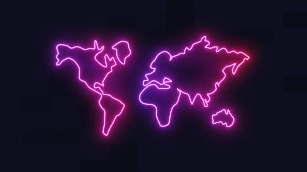 ネオンに輝く3dレンダリング画像で世界地図 - three dimensional shape continents bright blue ストックフォトと画像