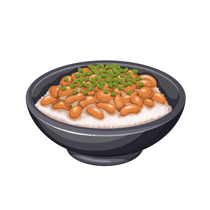 Natto, Japanese cuisine vector illustration. Cartoon isolated bowl with cooked rice and sticky fermented soybeans with chopped green onion, protein and probiotic food from beans of soya for gut health